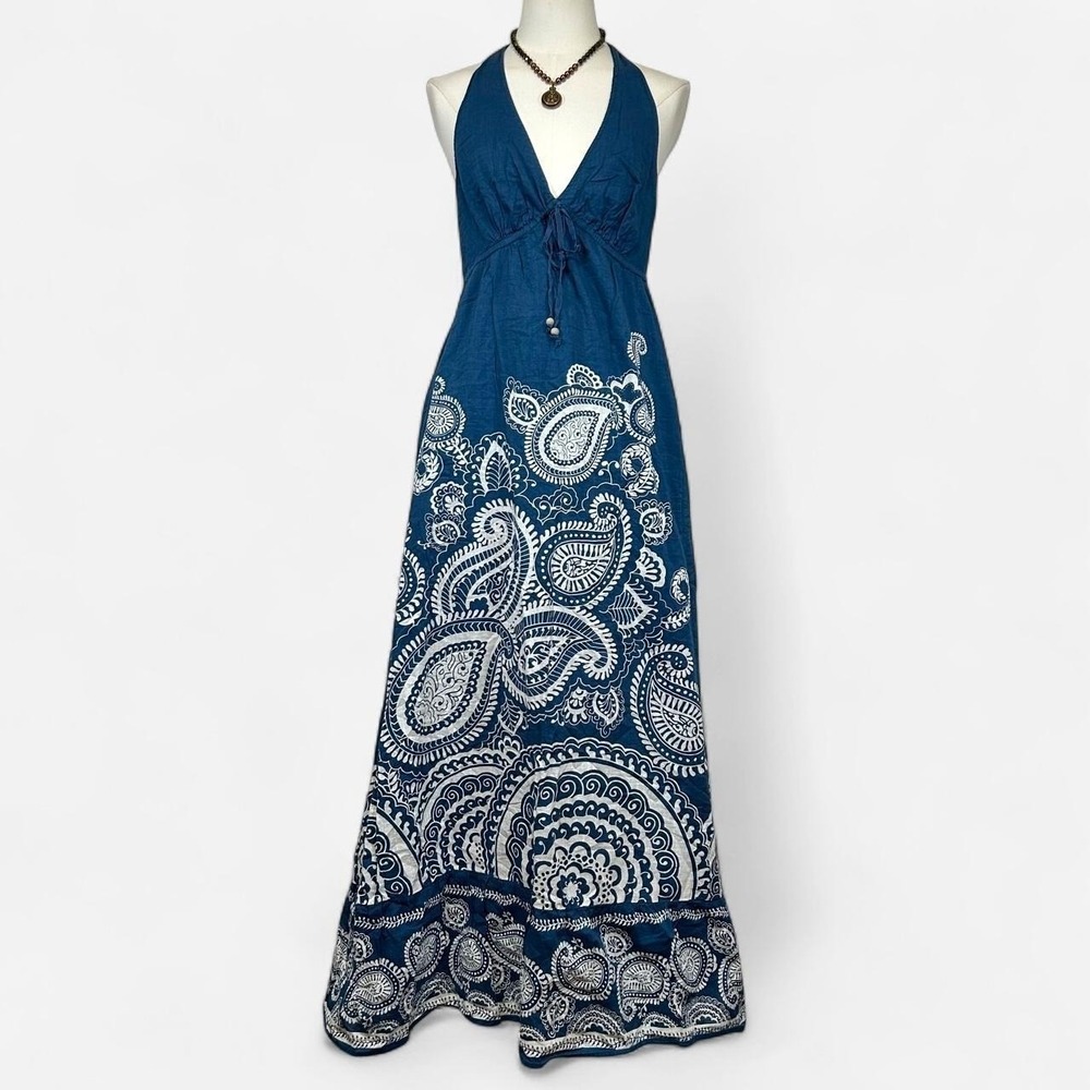 Y2K Aeropostale Paisley Print Maxi Halter Dress Tie Front Boho Fairy Festival L